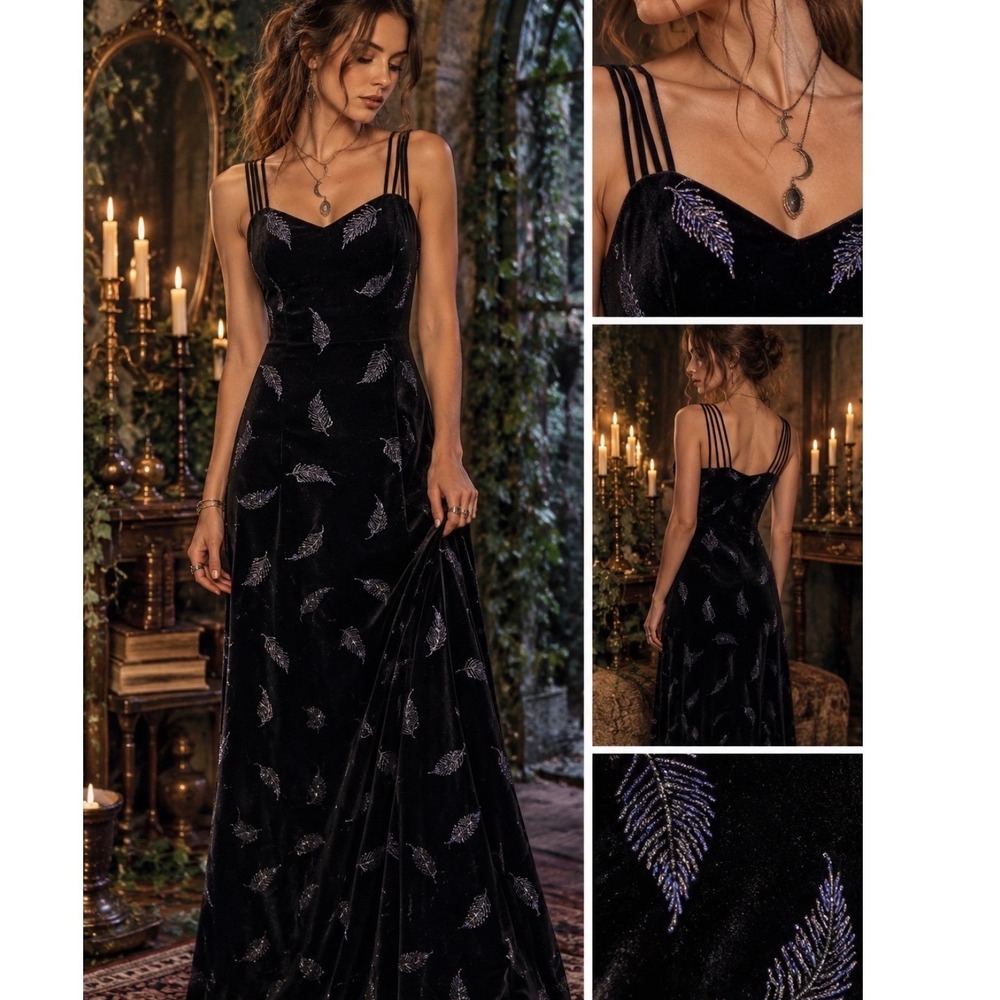 Another Thyme Vtg Black Velvet Shimmer Feather Dress Sz 10 Witchy whimsigoth Y2K